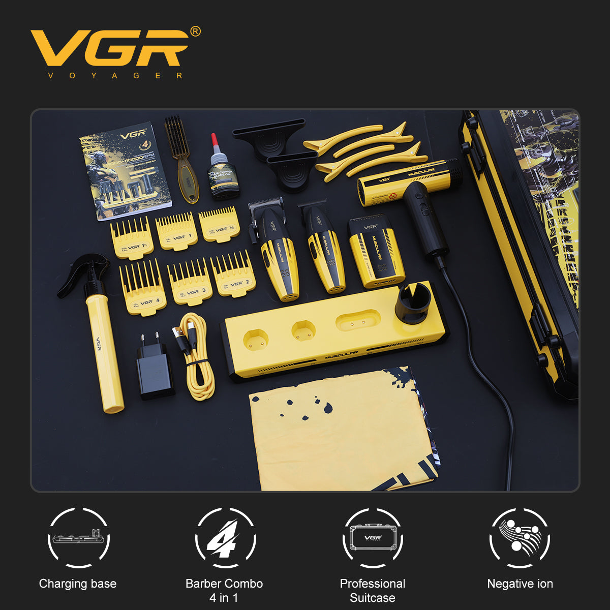 VGR V-285 S4 – полный профессиональный барбер-набор с кейсом, насадками и аксессуарами